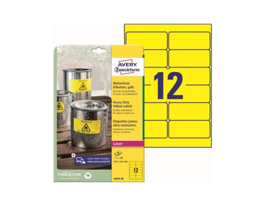 Tarratarra valmistettu polyesterikalvosta säänkestävästä AVERY Zweckform  99,1x42,3mm 20 arkkia keltainen (L6107-20)