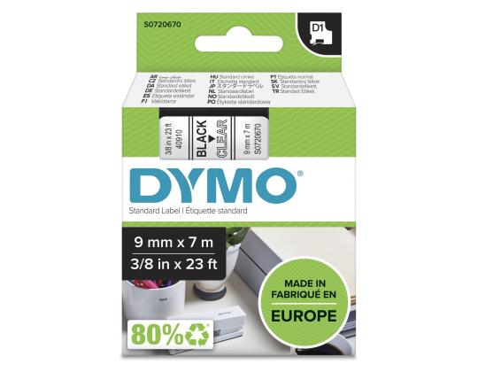 Teippi/merkintäteippi DYMO 40910 9mm x 7m musta kirjain/läpinäkyvä