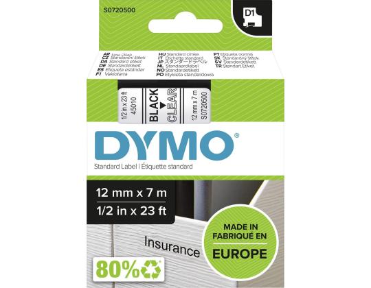 Kleepkirjalint/markeerimislint DYMO D1 45010 12mm x 7m must/läbipaistev