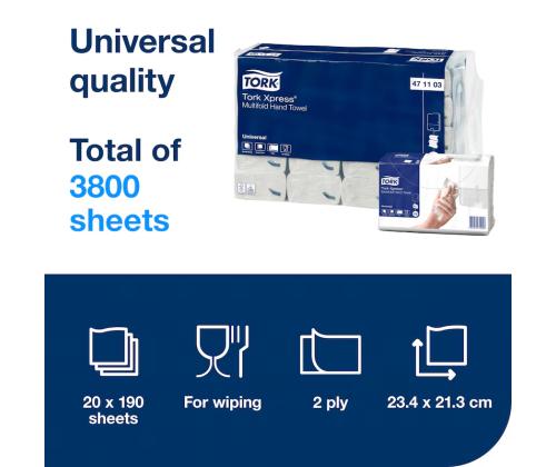 Pehmopaperi 2-kerroksinen TORK Xpress Multifold Universal H2, 23,4x21,3 cm 190 arkkia (471103)