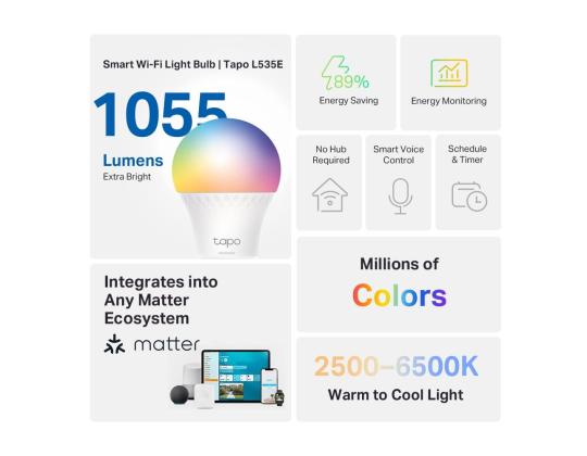 Älykäs hehkulamppu TP-LINK Virrankulutus 8,6 wattia Valovirta 1055 Lumen 6500 K 240 V Säde...