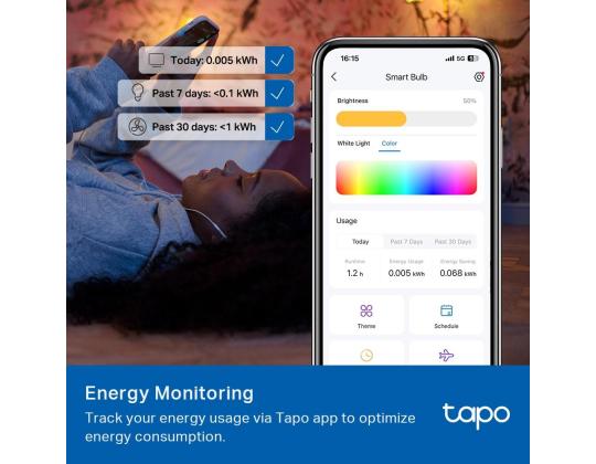 Älykäs hehkulamppu TP-LINK Virrankulutus 8,6 wattia Valovirta 1055 Lumen 6500 K 240 V Säde...
