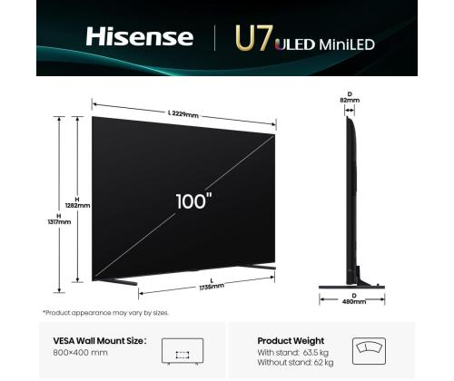 TV-sarja HISENSE 100 " 4K Ultra HD 3840 x 2160 pikseliä Flat 16:9 ULED 100U7Q 100U7Q
