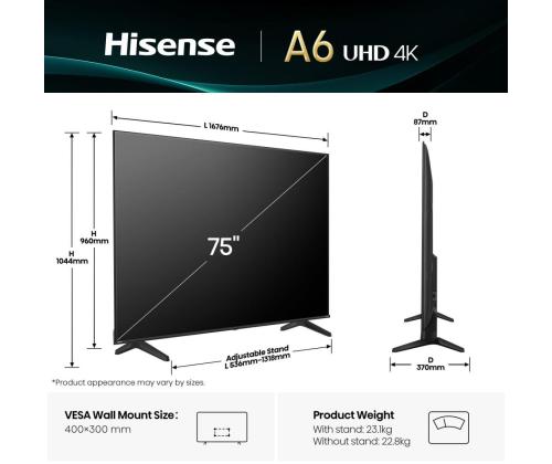 TV-sarja HISENSE 75 " 4K Ultra HD 3840 x 2160 pikseliä Flat 16:9 75A6Q