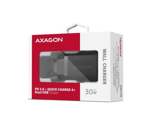 MOBIILI LATURI SEINÄ USB 30W/2PORT MUSTA ACU-PQ30 AXAGON