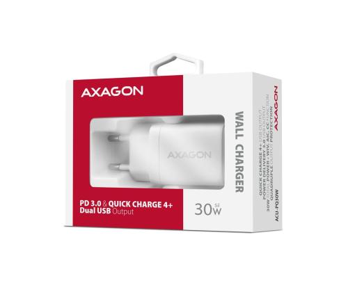 MOBIILI LATURI SEINÄ USB 30W/2PORT VALKOINEN ACU-PQ30W AXAGON