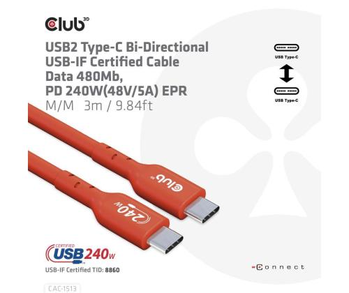 KAAPELI USB-C USB-C 3M/M/M CAC-1513 CLUB3D