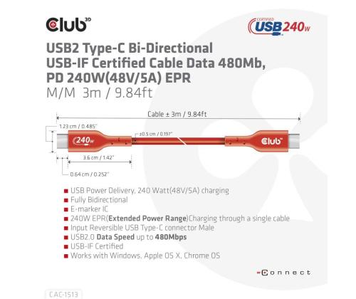 KAAPELI USB-C USB-C 3M/M/M CAC-1513 CLUB3D