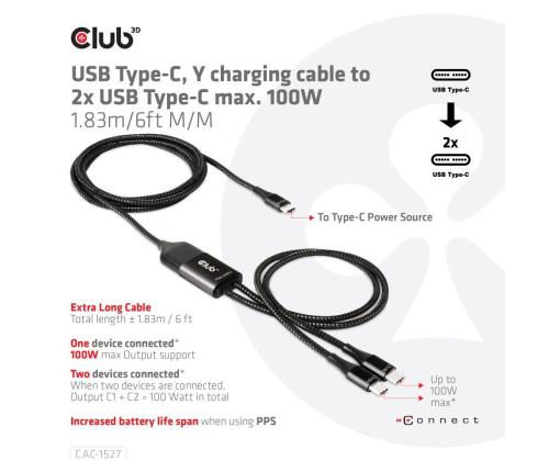 KAAPELI USB-C JA 2XUSB-C 1.83M/M/M CAC-1527 CLUB3D