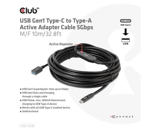 KAAPELI USB-C USB 10M/M/F CAC-1538 CLUB3D