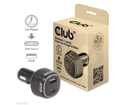 NB LATURI AUTO USB+USB-C/63W CAC-1922 CLUB3D