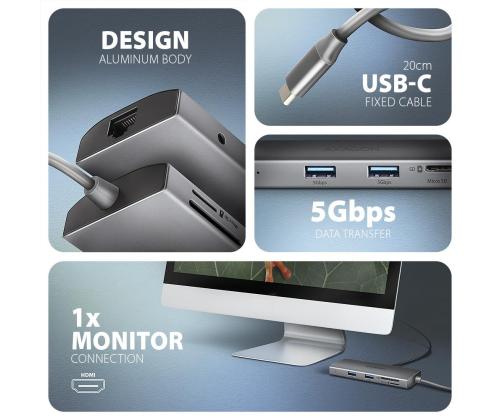 I/O HUB USB-C 9IN1 5GBPS/0.2M HMC-8HLSA AXAGON