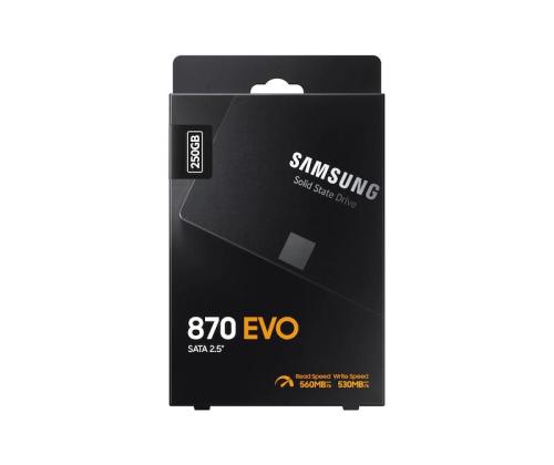 SSD Samsung 870 EVO 250GB SATA MLC Kirjoitusnopeus 530 Mt/s Lukunopeus 560 Mt/s 2,5" MTBF.