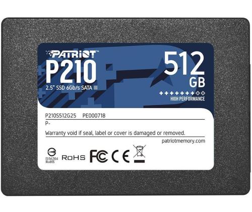 SSD PATRIOT P210 512GB SATA 3.0 Kirjoitusnopeus 430 Mt/s Lukunopeus 520 Mt/s 2,5" TBW 240...