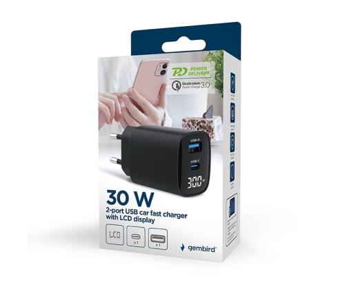 LATURI USB 30W 2PORT/TA-UC-PDQC30LCD-BK-01 GEMBIRD
