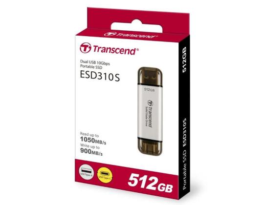 Väline kõvaketas SSD TRANSCEND ESD310 512GB USB-C USB 3D NAND Kirjoitusnopeus 900 Mt/s Lukunopeus 1050...