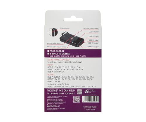 VIRTALÄHDE USB 20000MAH/VA2221 MUSTA RIVACASE
