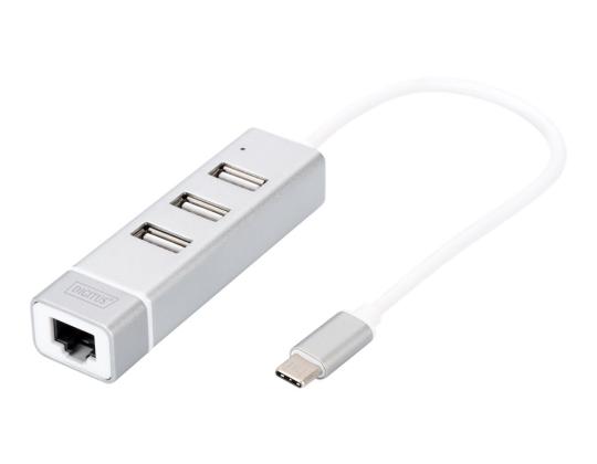 DIGITUS USB 2.0 3-porttinen keskitin, tyyppi C + RJ45