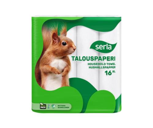2-kerroksinen talouspaperi SERLA Orava 16 rullaa pakkauksessa