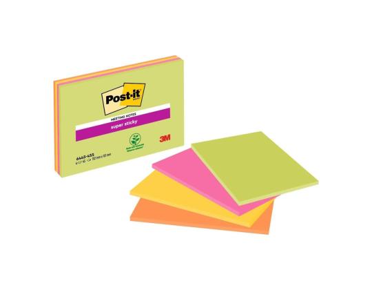 Muistiinpanopaperi 101x152mm POST-IT 6445 Super Sticky 4 väriä x 45 arkkia