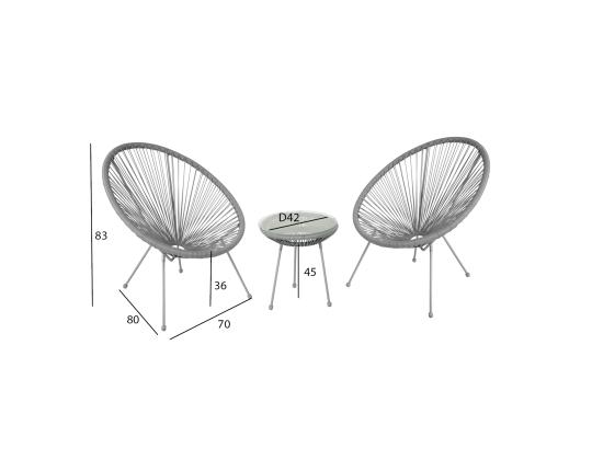 Parvekesetti COMO harmaa, pöytä D42xH45cm, 2 tuolia 70x80xH36/83cm, teräs, muovipunos