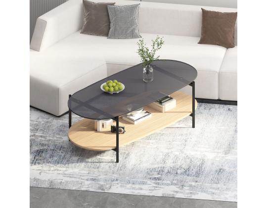 Sohvapöytä CINDY 120x55xH40cm, harmaa lasi/melamiinitammi