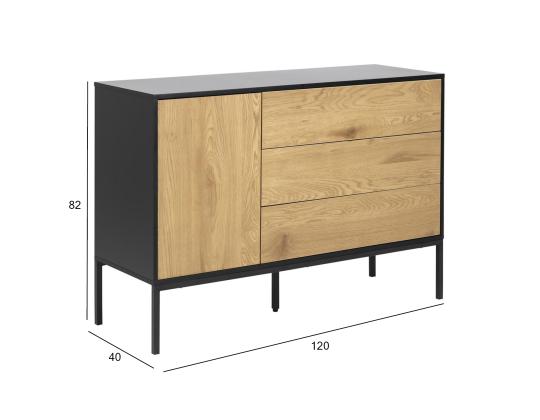 Lipasto SEAFORD, 120x40xH82cm, 3 laatikkoa, runko: MDF, musta matta, 1 ovi: huonekalulevy laminoidulla pinnoitteella, väri: tammi