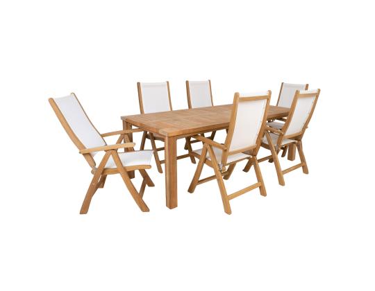 Ruokapöytäsarja BALI pöytä 220x100xH75cm, 6 tuolia 60x70xH110cm, tiikkipuu