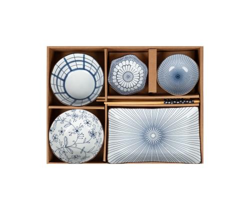 Setti SOMETSUKE 4-kulho, maljakko ja syömäpuikot, sininen