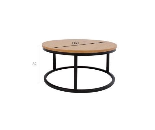 Sohvapöytä BRITE D60xH32cm, vaaleaa puuta, MDF, metallia
