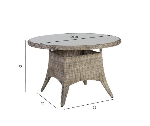 Pöytä PACIFIC D120xH75cm, pöytälevy: lasi, alumiinirunko muovipunoksella, väri: harmaa-beige