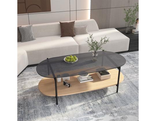 Sohvapöytä CINDY 120x55xH40cm, harmaa lasi/melamiinitammi