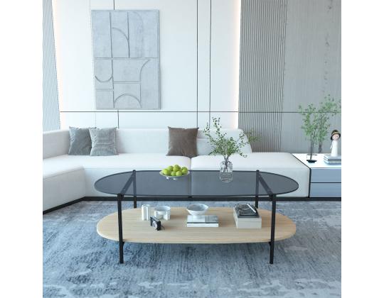Sohvapöytä CINDY 120x55xH40cm, harmaa lasi/melamiinitammi