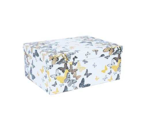 Pahvilaatikko DIANA-1 kannellinen 37,5x29xH16cm, perhosia valkoisella pohjalla