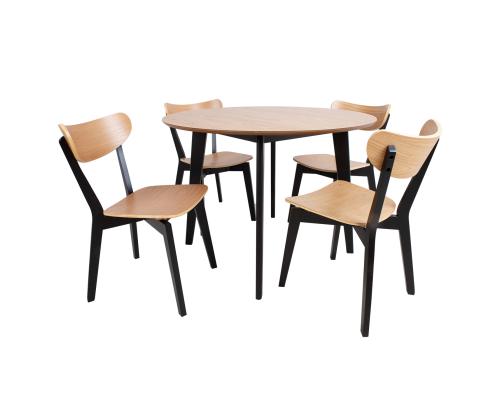 Ruokasetti ROXBY pyöreä pöytä D105xH76cm, 4 tuolia (AC85660), tammi/musta