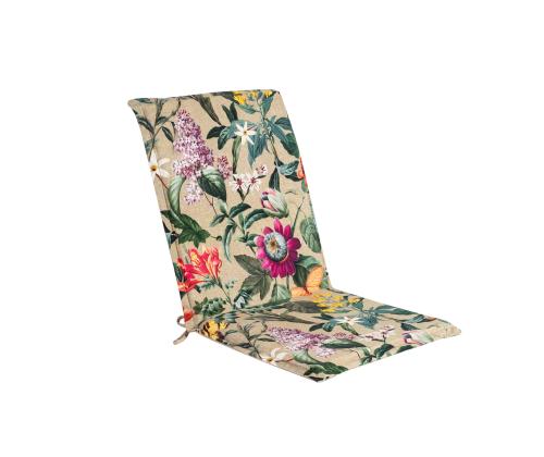 Tuolinpäällinen selkänojalla AMAZONIA 42x90x3cm, "Java" tyyppinen tuoli, jossa on röyhelö, kukkia, beige pohja, 50% polyesteriä/ 50% puuvillaa