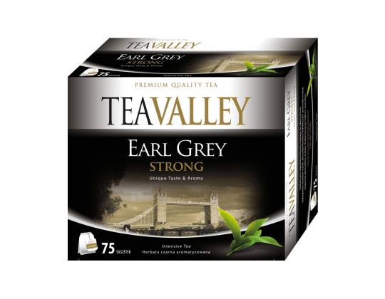 Musta tee TEAVALLEY Earl Grey Strong 75 kpl pakkauksessa