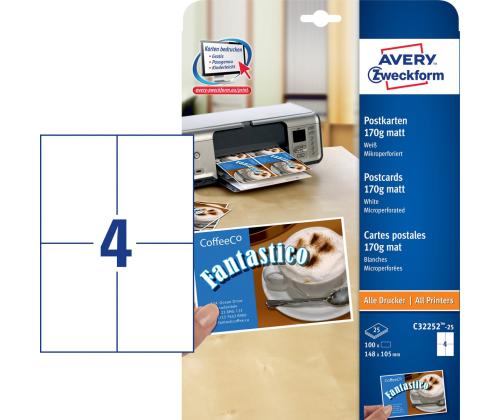 Postikortti AVERY Zweckform 148x105mm 170g microperf. 25 arkkia matta valkoinen