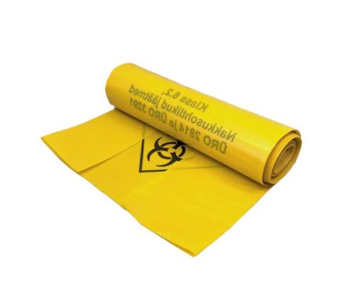 Vaarallisen jätteen jätesäkki 75l, 650x1000mm, 100µm, keltainen, 10 kpl rulla