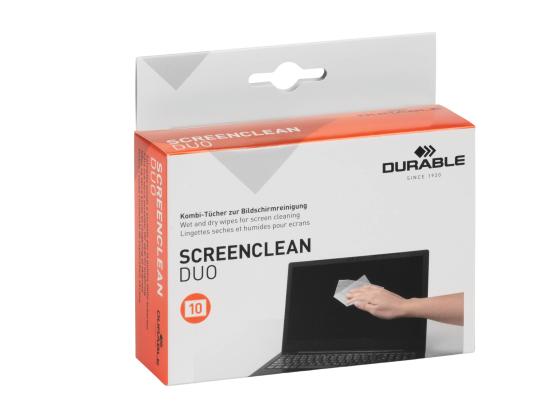 Näytön puhdistusliinat kostutettu DURABLE Screenclean Duo märkä+kuiva 10 kpl pakkauksessa