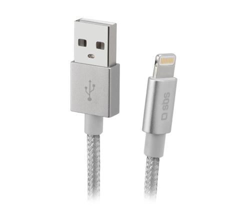 SBS Silver Metal Braided, USB-A - Lightning, hopea - kaapeli, hopea