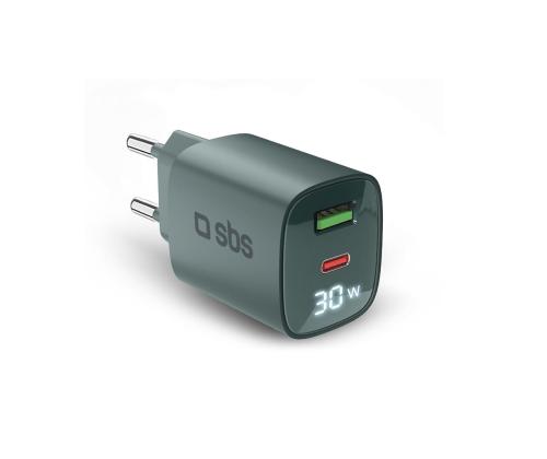 SBS LCD-seinälaturi, USB-A, USB-C, LCD, 30 W, vaaleansininen - Laturi - Laturi