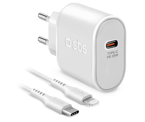 SBS, USB-C, Lightning, 20 W, valkoinen - Virtalähde ja kaapeli