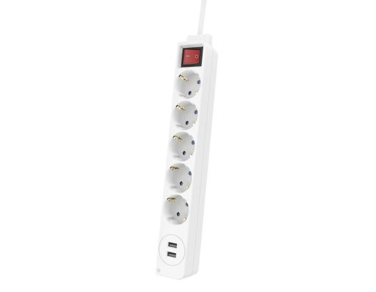Hama Power Strip, 5-kantainen, 2x USB-A, 17 W, 1,4 m, valkoinen - Jatkojohto