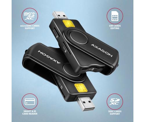 AXAGON CRE-SMP2A, USB-A, USB-C, muistikortinlukija, musta - henkilökortin lukija