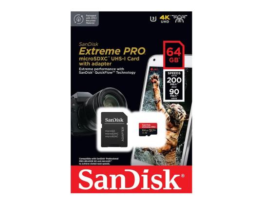 SanDisk Extreme Pro, UHS-I, microSD, 64 Gt - Mälukortti ja sovitin