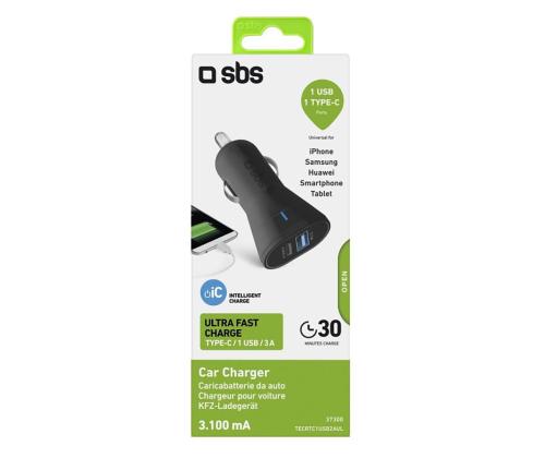 SBS, USB-A, USB-C, 10 W, musta - Autolaturi