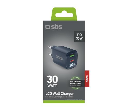 SBS LCD seinälaturi, USB-A, USB-C, LCD, 30 W, sininen - Laturi - Laturi