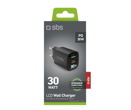 SBS LCD seinälaturi, USB-A, USB-C, LCD, 30W, musta - Laturi
