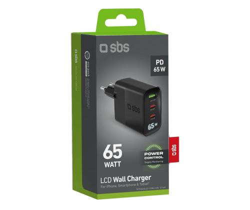 SBS LCD-seinälaturi, USB-A, 2x USB-C, LCD, 65 W, musta - Laturi